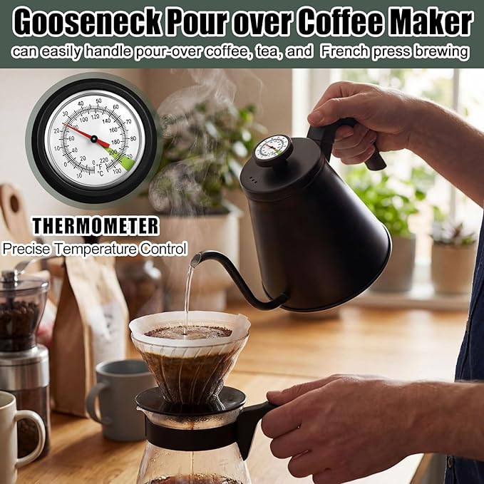2 Pack 40 oz Gooseneck Kettle with Thermometer Stainless Steel Pour over Coffee Kettle Precision Drip Spout for Stovetop Home Kitchen Camping(Black)