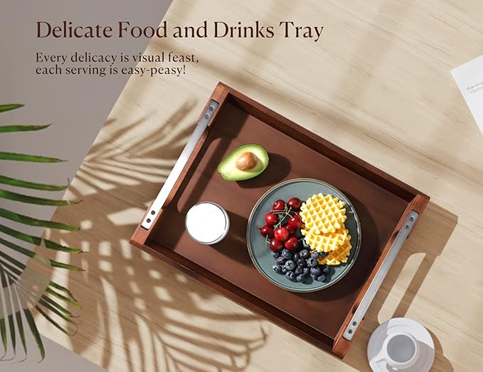 Acacia Wood Serving Tray with Metal Handles, 17x13in Food Drinks Tray for Coffee Table, Breakfast, Dinner & Bar, Rustic Decorative Storage Tray for Ottoman, Kitchen, Elegent Gift Packaging