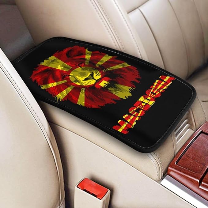 Vintage Macedonia Macedonian Flag Lion Head Auto Center Console Armrest Cover Car Handrail Box Cushion Pad Mat Universal Fit Most Vehicle Sedan Truck SUV Soft Comfort Decor Accessories