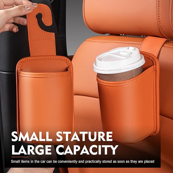 2PCS Car Headrest Cup Holder for Back Seat, PU Leather Premium Storage Accessory, Multi-Functional Anti-Spill Cup Storage Box with Hooks for Bags, Universal for Most Cars (Orange)
