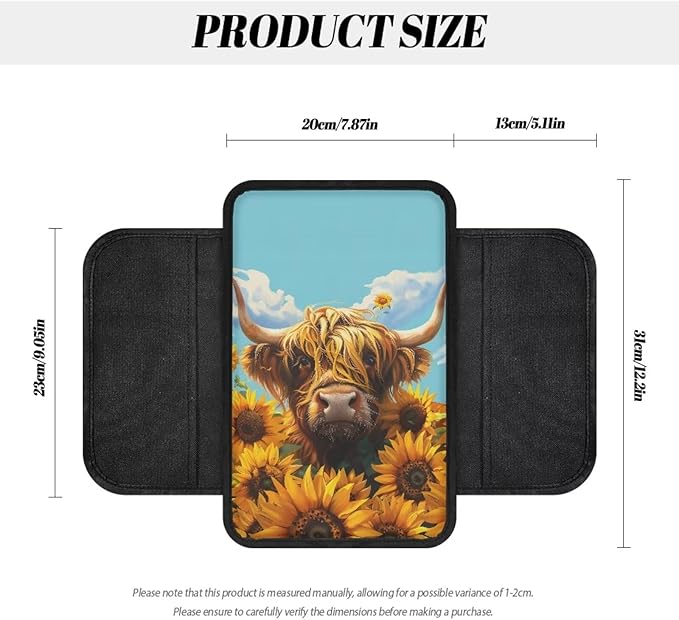 Boatee Highland Cattle Sunflower Arm Rest Cover for Car Center Console Organizer for Auto Armrest Pad Universal Console Mat Automotive Accessories Interior Set Stylish Armrest Storage Box Mat Blue