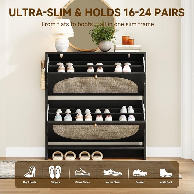 Nicetree Rattan Arched Accent Shoe Cabinet - Freestanding Ultra Slim for Entryway, 2 Flip Drawers & 3-Tier Adjustable Shelves, Farmhouse Modern Rustic Shoe Rack for Hallway Foyer Living Room, Black