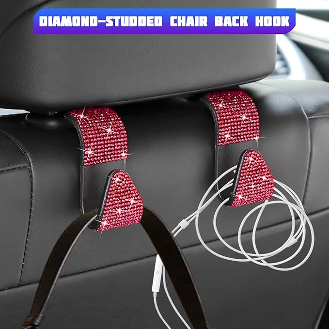 Bling Car Seat Headrest Hooks, 4PCS Crystal Rhinestone Vehicle Back Seat Hanger Holder for Handbags Purses Coats, Automotive Headrest Storage Organizer, Universal for RV SUV Truck (Red)