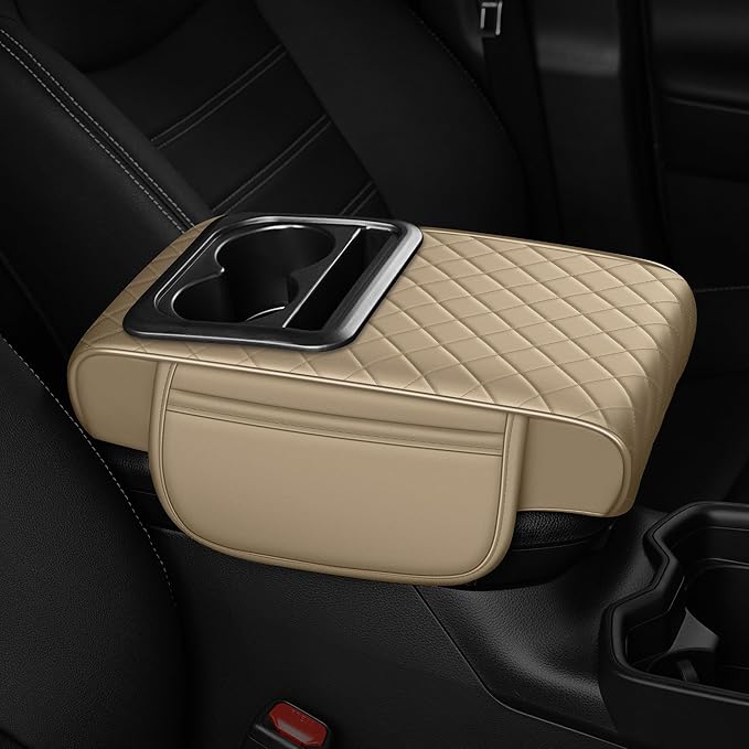Car Center Console Cover Fit for Volkswagen Jetta Faux Leather Auto Armrest Box Cover with Cup Holder & Phone Holder Waterproof Leather Armrest Protector Cushion(Beige)