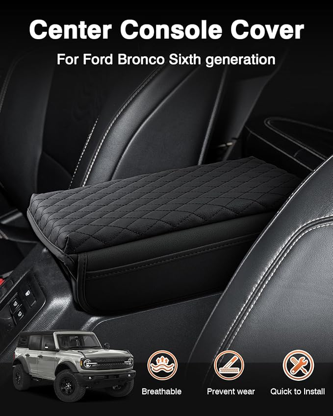 Shademax Center Console Cover for Ford Bronco 2/4 Door 2026 2025 2024 2023 2022 2021 Accessories, Armrest Cover Cushion Pad PU Leather Armrest Seat Box Scratches Protector with Pockets Storage Bag