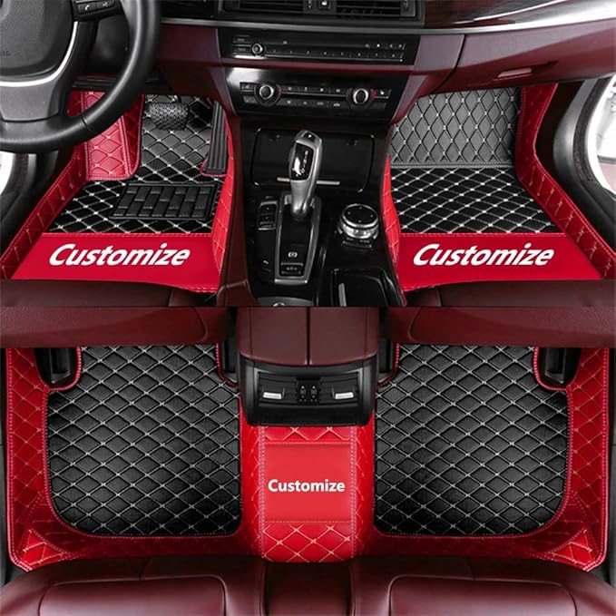 Custom Making Car Floor Mats for 90% Car Model Luxury Leather All Weather Waterproof Anti-Skid Full Coverage Liners (Black and red)