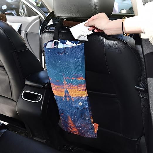ALAZA Hanging Car Trash Bags Garbage Bag Trash Can for Back Seat Small Eiffel Tower Night Washable Storage Bag Retractable 2 Pack