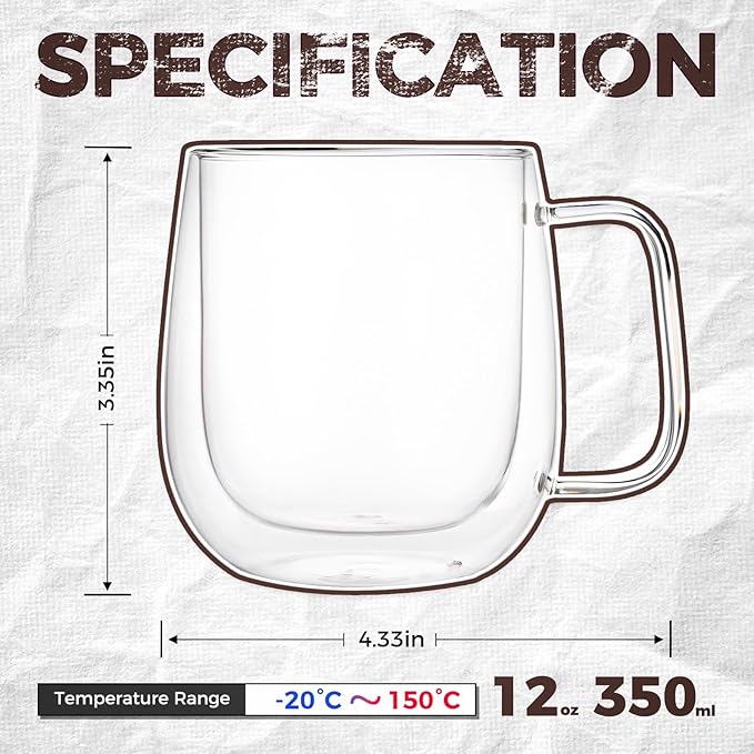 2 Pack 12 oz Double Walled Glass Coffee Mugs with handle, Thermal Insulted No Condensation Coffee & Tea Cups, Clear Mugs for Americano, Latte, Espresso, Cappuccinos Beverage