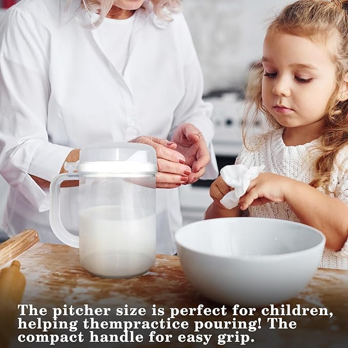 3Pcs Child Safe Easy Pour Mini Pitchers for Early Learning,Clear Plastic with Lid & Handle,Ideal for Water,Milk & Juice in Classroom,Nursery & Home(22 Oz)