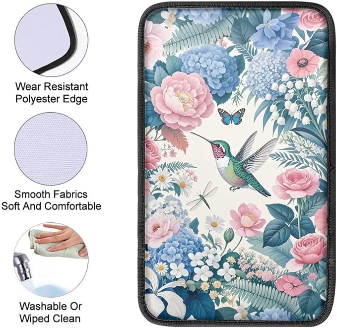 Blue Pink Floral Hummingbird Print Auto Center Console Cover Arm Rest Cover for SUV Truck,Soft Car Arm Rest Cover Universal Fit