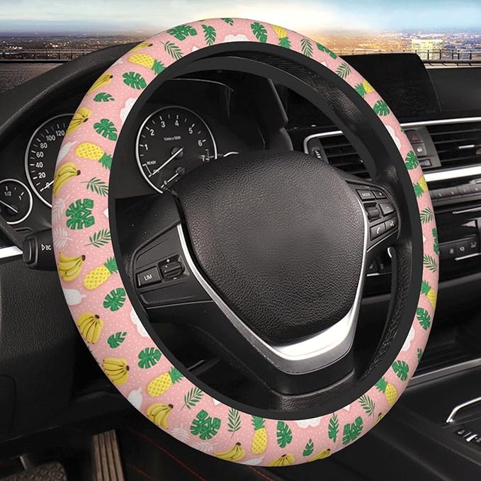 Tropical-Bananas-Pattern Neoprene Steering Wheel Covers Women Men Car Accessories, Universal 15 Inch Fit Auto, Suvs, Truck