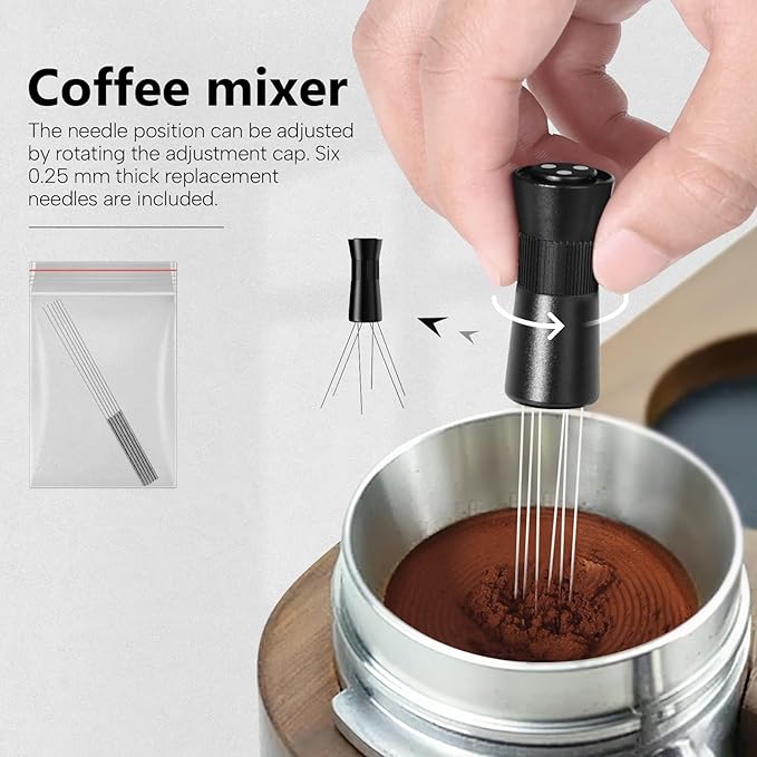 Espresso WDT Tool with Magnetic Stand, Adjustable Range Coffee Needle Stirrer, 304 Stainless Steel 6 Needles 0.4mm with 6 Extra Needles, Black