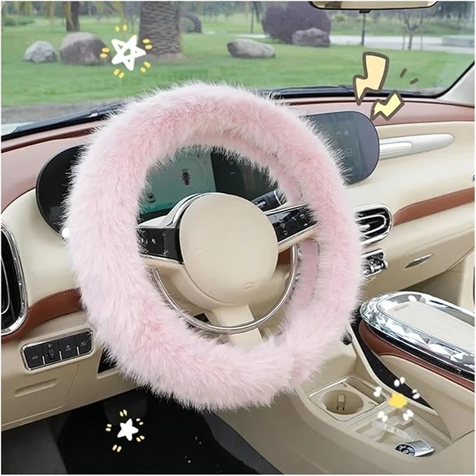 Car Steering Wheel Cover Handlebar Cover for Girls Winter Plush Warm Non-Slip Simple Women's Pink Handlebar Cover(Plush Simple Pink)
