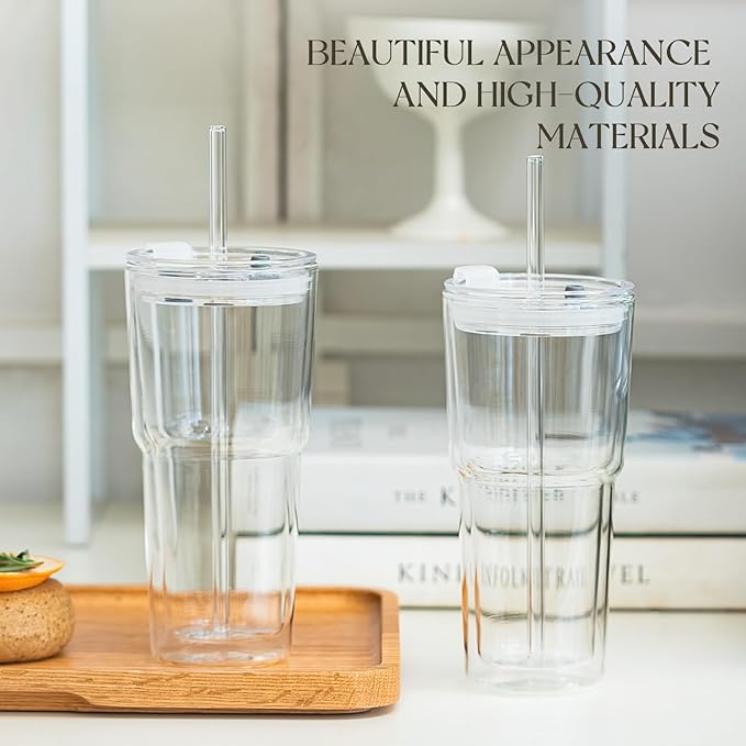 KEMORELA 20oz Double Wall Glass Tumblers 4‑Pack with Lids & Straws | Insulated Clear Drinking Glasses for Iced Coffee, Matcha, Smoothies | Reusable Cups for Family & Parties