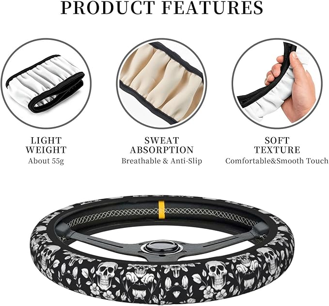 Skull-Damasks Car Steering Wheel Cover, 15 Inch Steering Wheel Cover Stylish Decor for Most Cars