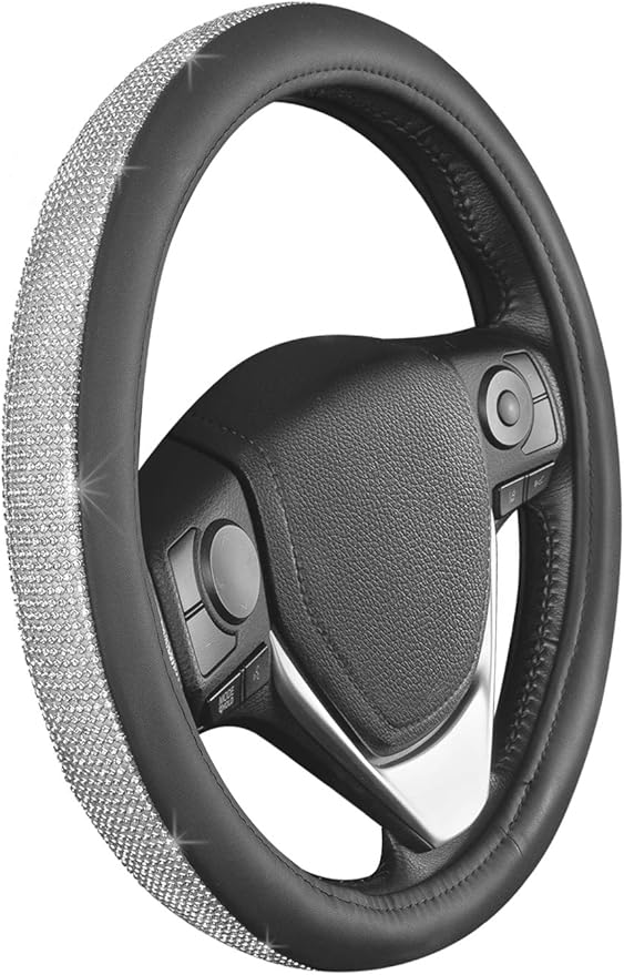 BDK Bling Bling Glitter Diamond Leather Steering Wheel Cover with 9 Rows Crystal Rhinestones, Fits Wheels 14.5-15 inch for Women/Girls Crystal Rhinestones - Silver