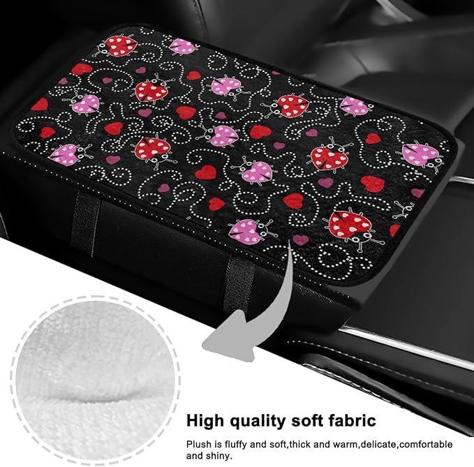 CLOHOMIN Cute Ladybug Car Arm Rest Covers Heart Auto Armrest Pad with Straps Warm Car Accessories Flannel Auto Center Console Armrest Cushion Cover Fit for Most Vehicles