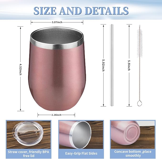 12oz Wine Tumbler with lid, Stainless Steel Travel Mugs Stemless Double Wall Insulated Coffee Cup, Insulated Wine Glasses Travel Tumbler for Cold & Hot Drinks(Rose Gold, 1)