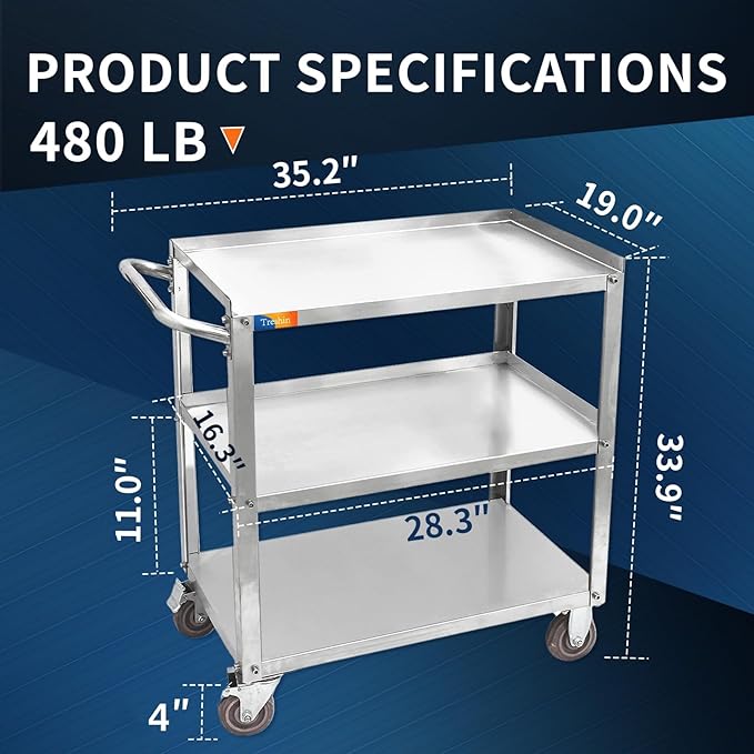 Treshin 3 Tier Stainless Steel Utility Cart Commercial Heavy Duty Rolling Cart Food Storage Service Trolley with Handle and Wheels for Kitchen Restaurant Hospital Lab and Hotel 19" W x 31" L x 34" H
