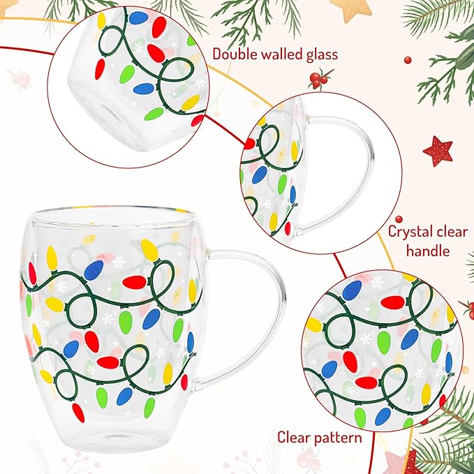 JarThenaAMCS Christmas Double Wall Glass Coffee Mugs 12Oz Colorful Xmas Light Bulb Insulated Glasses Clear Espresso Cups with Handle for Winter Holiday Supplies, Set of 2