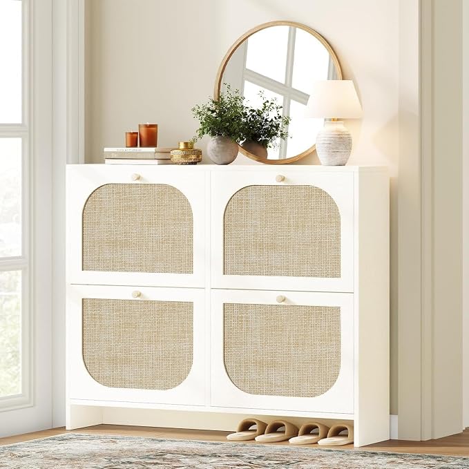 Nicetree Freestanding Ultra Slim Arched Rattan Accent Shoe Storage Cabinet for Entryway - 4 Flip Drawers & 3-Tier Adjustable Shelves, Farmhouse Modern Rustic Shoe Rack for Hallway Foyer,Cloud White