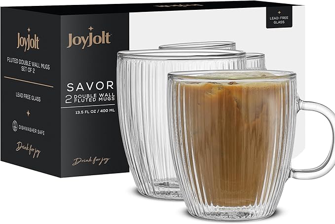 JoyJolt Fluted Glass Coffee Mugs, Double Wall 13.5oz Clear Glass Coffee Mug Set of 2. Latte Glasses, Glass Cappuccino Mugs, Ribbed Mugs