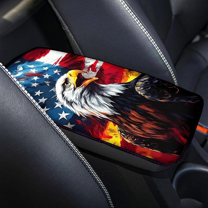 Mintutlipy Flame American Flag Eagle Automotive Center Console Cover Universal Fit 12.3×7.5 Inches Armrest Cushion Pad Protector for SUV Sedans Vans