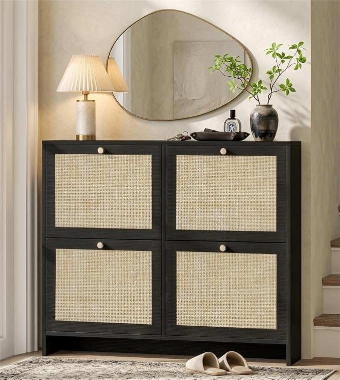 Nicetree Shoe Cabinet Storage for Entryway, 4-Flip Drawer Narrow Shoe Rack, Organic Modern Rattan Shoe Organizer with Gold Legs, Shoe Organizer Fits Men's Size 13.5, Black
