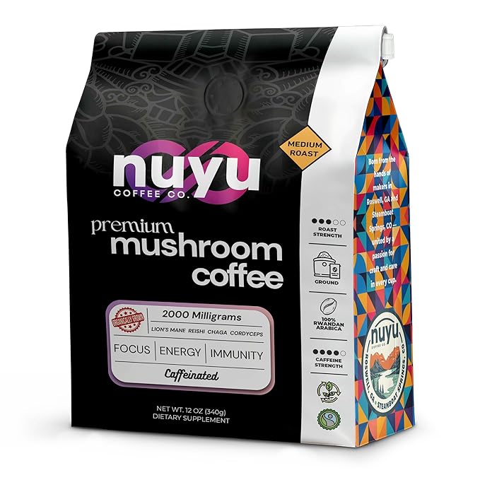 Nuyu Medium Roast Premium Mushroom Coffee, 12 oz, Specialty Ground 100% Arabica, 2000mg Functional Mushrooms, Lion's Mane, Reishi, Chaga, Cordyceps for Cognition, Energy and Wellness