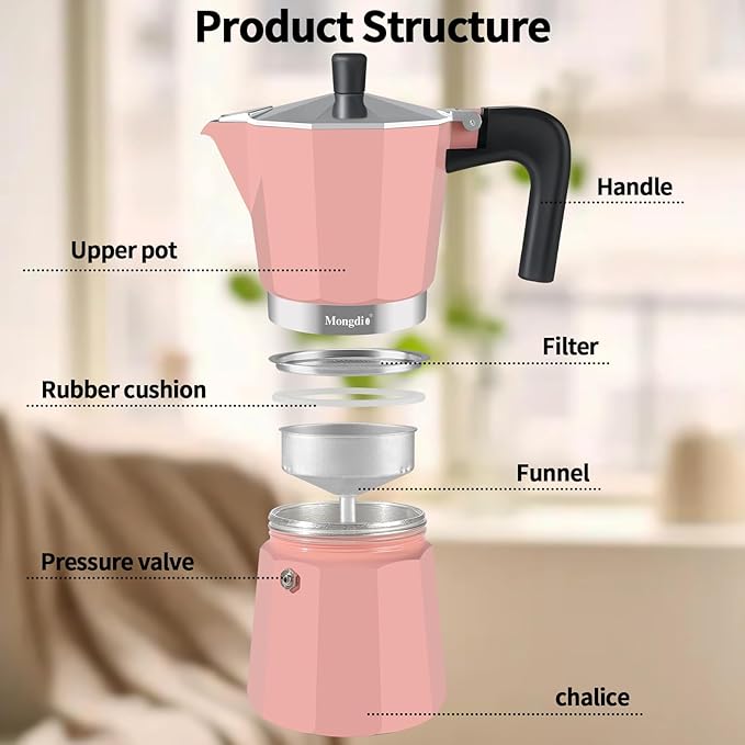 Mongdio Stovetop Espresso Maker Moka Pot, Stove Top Cuban Coffee Maker, Italian Greca Mocha Pot, 12 Espresso Cups, 20 oz - Pink