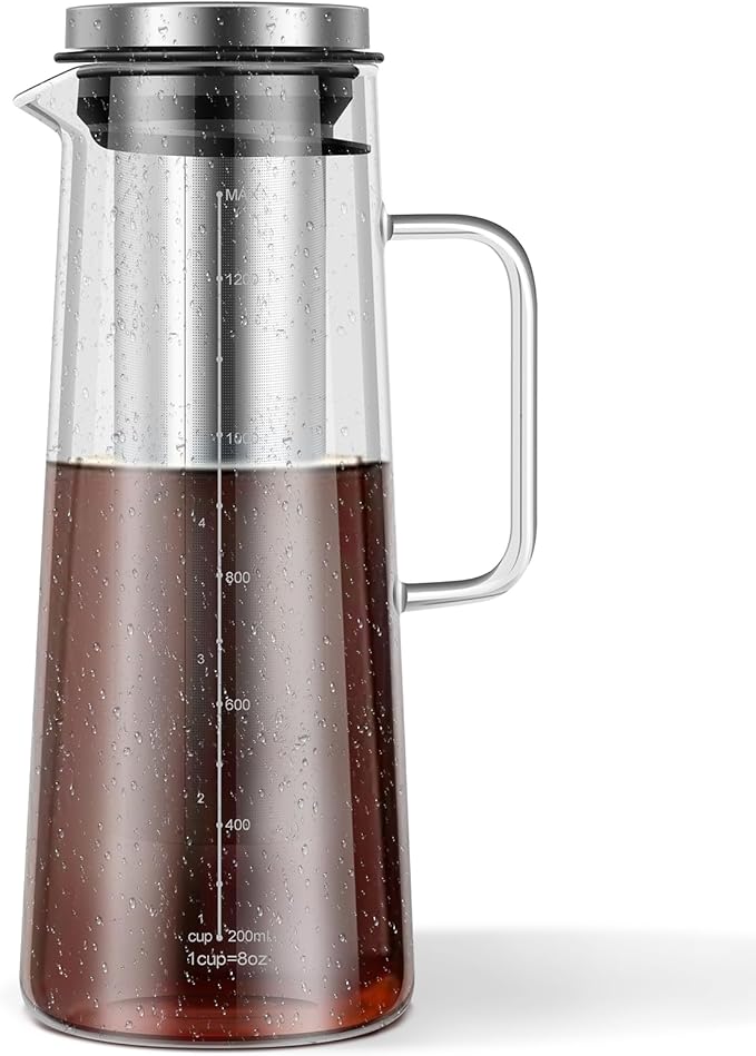 Cold Brew Coffee Maker 1.4L/48oz - Glass Pitcher Thick Glass Cold Brew Coffee Pitcher with Stainless Steel and Silicone Filter and Airtight Lid for Home Kitchen Cafe