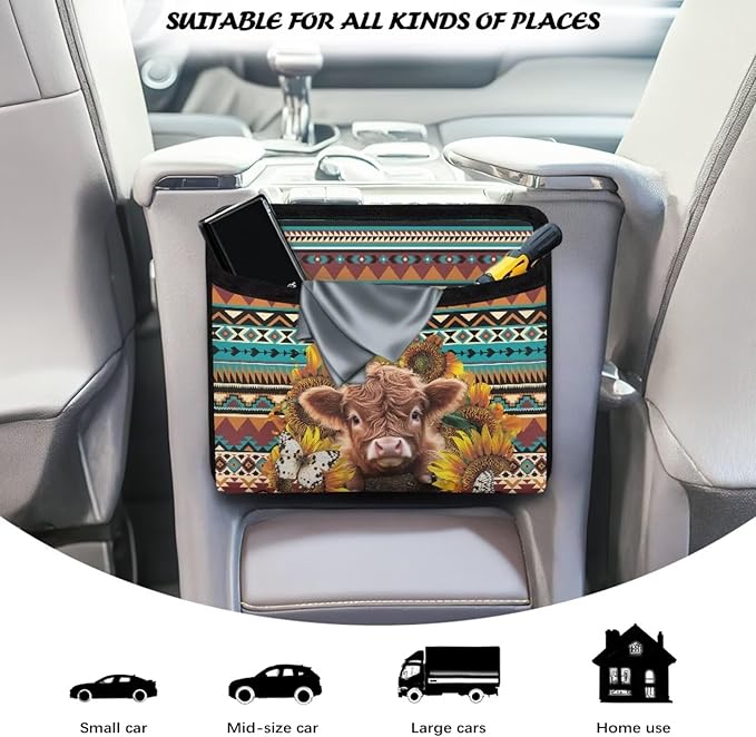 Tribal Highlands Cow Car Side Pocket Organizer Holder for Cell Phone Sunglasses Cards Front Back Seat Storage Pocket for Car Small Auto Console Door Window Storage Bag