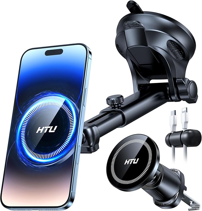 HTU 【Military-Grade】 for MagSafe Car Mount【Upgraded Strongest Suction】 Magnetic Phone Holder Cell Stand for Dashboard Windshield Vent,Truck Cradle for iPhone 17 Pro Max 16 15 14 13 12 Tesla, Black