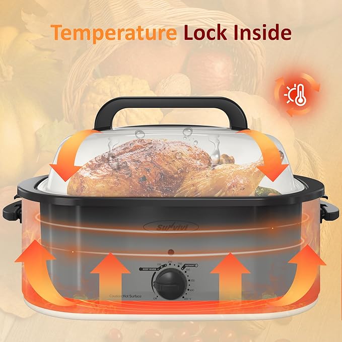Sunvivi 26 Quart Roaster Oven, Electric Roaster Oven with Glass Lid, Turkey Roaster Buffet with Self-Basting Lid, Removable Pan, Cool-Touch Handles, White
