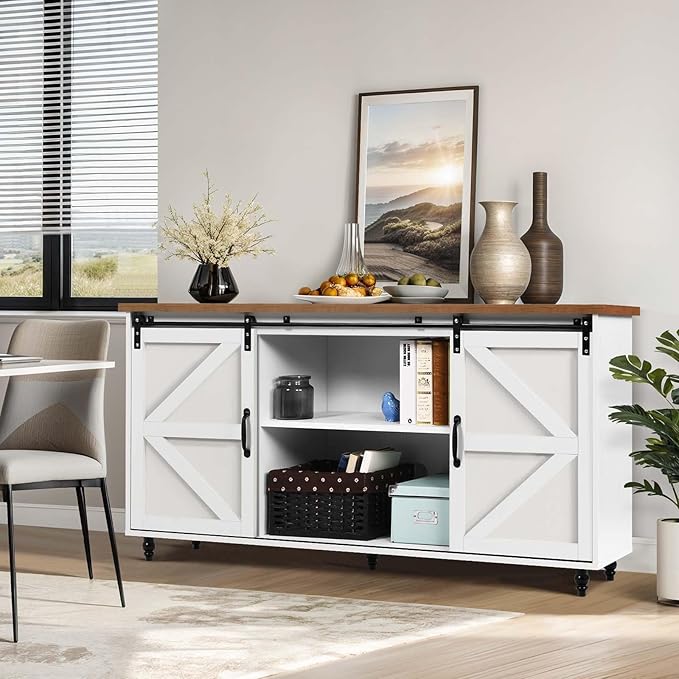 4ever2buy Farmhouse Coffee Bar Cabinet with Storage, 58'' Sideboard Buffet Cabinet with Sliding Barn Door, White Coffee Bar with Gourd Feet, Farmhouse Cabinet for Living Room