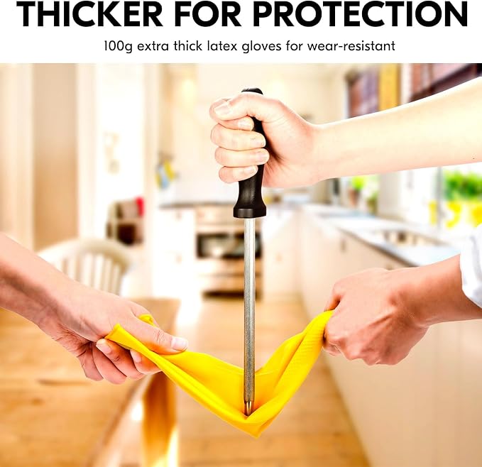 Vgo... 1-Pair Reusable Household Gloves, Rubber Dishwashing gloves, Extra Thickness, Long Sleeves, Kitchen Cleaning, Working, Painting, Gardening, Pet Care (Size S, Yellow, HH4601)