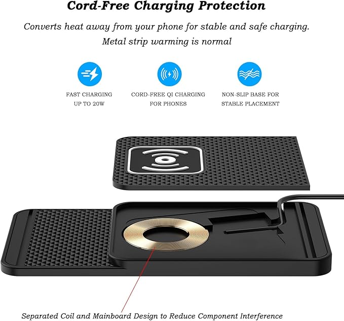 Cord‑Free Charging Pad, 20W Car Charger Pad for Phones, Dashboard & Desk Charging, Phone Charger for Vehicles & Office Use,B Type-C 30cm