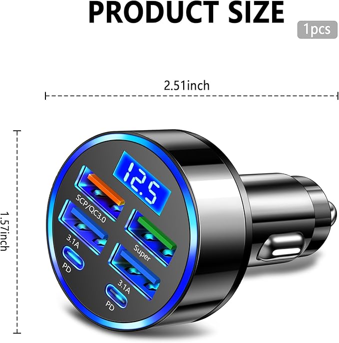 6 Ports Fast Car Charger + Car Push Start Button Cover,Car Cigarette Lighter USB Charger (PD+QC3.0) Compatible with iphone13/14/15 & Most Android Models,Car Must Haves USB C Car Charger