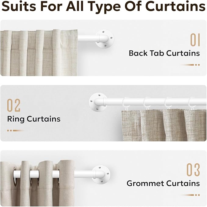 Zeerobee Curtain Rods for Windows 72 to 144, 1 Inch Industrial Wrap Around White Curtain Rod, Indoor/Outdoor Room Divider Adjustable Drapery Pole, 72"-144"