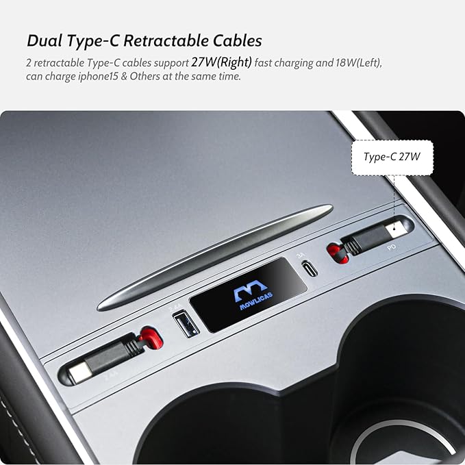 2 USB C Charging Hub for Tesla (Carbon Fiber), Retractable 27W Fast Charger for iPhone 15 is Necessary Tesla Model 3/Y Accessories (2024-2021) but not Highland or Juniper Compatible