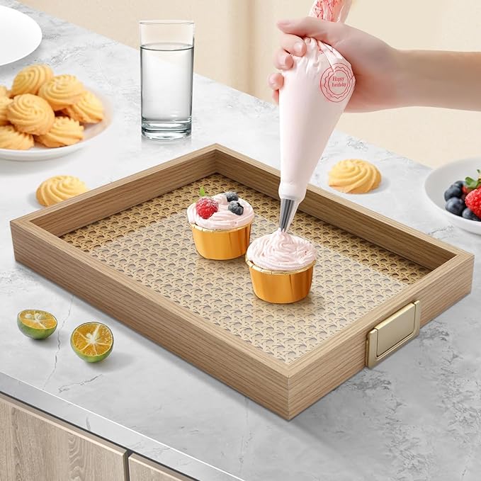 Rattan Woven mesh Wooden Tray, Metal Handle, 2-Piece Food and Beverage Tray, Coffee Table, Breakfast, Dinner and bar, Kitchen, Party (Rattan Weaving/Large+Small)