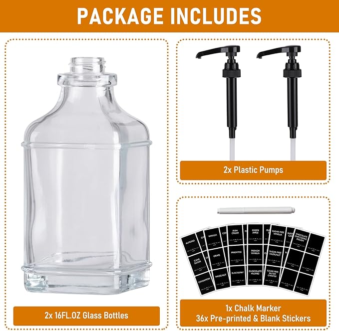 Alotpower 2-Pack 16oz Glass Coffee Syrup Dispenser Bottles, Empty Square Dispenser for Coffee Bar with 1/4oz Pump - Kit Includes 36 Labels & Marker