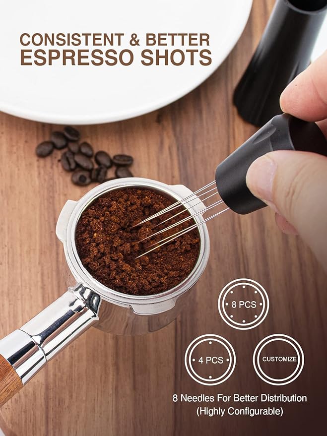 WDT Tool, Espresso Distribution Tool, 10x0.25mm and 10x0.4mm Needle Espresso Stirrer,304 Stainless Steel,Aluminum Alloy Handle with Stand