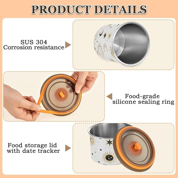 ALAZA Crescent Sun Moon Star Airtight Coffee Bean Canister 500ml Food Storage Containers with Lids For Gournd, Tea, Sugar, Flour, Rice, Cereal, Candy Cookie Jar