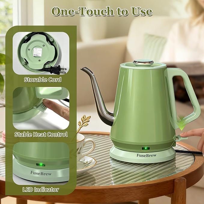 Gooseneck Electric Kettle 0.8L, 1200W Fast Boiling Stainless Steel – Auto Shut-Off, Precision Pour Over Kettle for Coffee & Tea, Ideal for Small Kitchen, RV, Travel (Green)