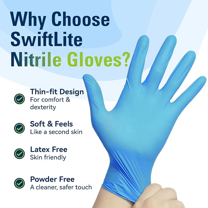 SWIFTLITE Nitrile Gloves, Food Safe Disposable Gloves Latex Free, Blue Rubber Gloves Powder Free for Cooking and Cleaning