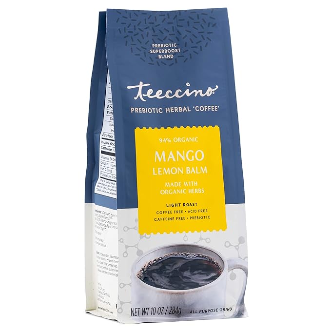 Teeccino Mango Lemon Balm - Prebiotic SuperBoost™ Herbal Blend - 10 Ounce - Steep like Loose Leaf Tea or Brew Like Coffee – Support Probiotics 3 Vegan Prebiotics for Gut Health & Good Mood