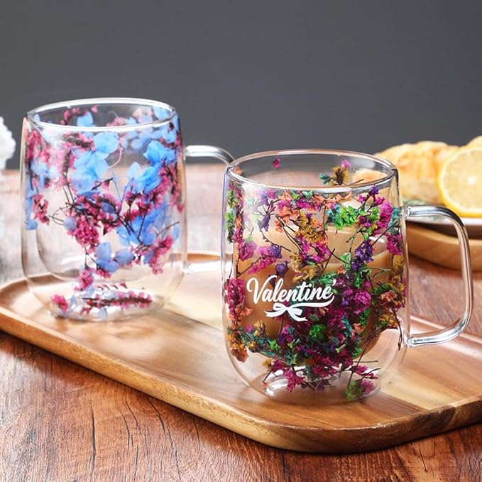 15.2Oz Double Glass Flower Tea Cup,Dried Flowers Insulated Glass Double Wall Coffee Mug With Handle,Transparent Doubles Glases Flower Tea Cup Latte Coffee Cups,Valentines Day Party Gifts