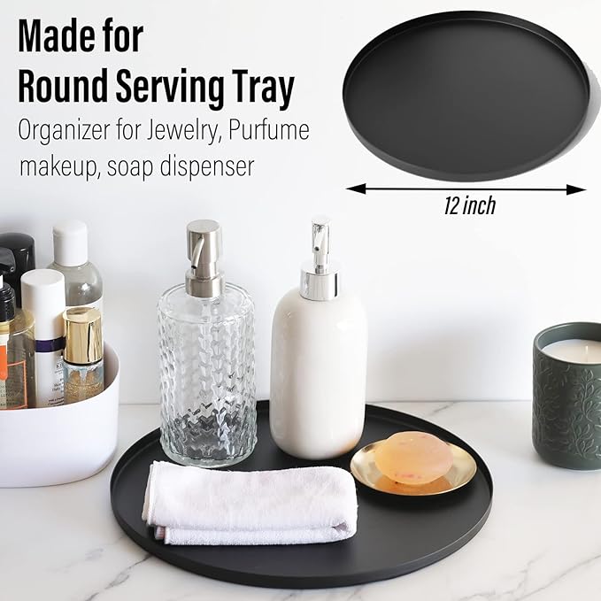 FREELOVE Black Tray, Round Serving Platter, Bar Circle Decorative Plate, Coffee Table Metal Decor Dishes, Brushed Hammered Coasters, Counter Bathroom Kitchen Dessert Cart Display Food, Thin 12 inch