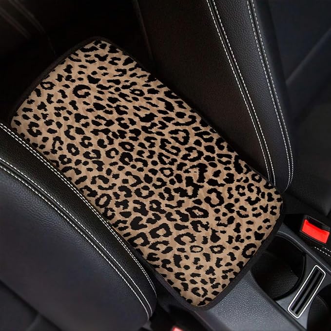 Brown Leopard Print Center Console Cover Soft Arm Rest Cover for Most Car,SUV,Universal Leopard Car Accessories